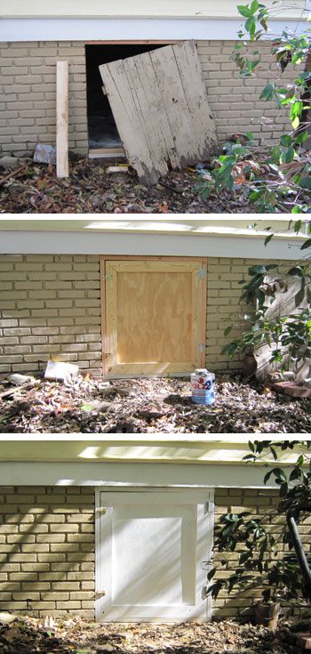 Before, during and after repair of a damaged wooden crawl space door