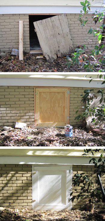Repair of Crawl Space Door Before, during and after repair of a damaged wooden crawl space door